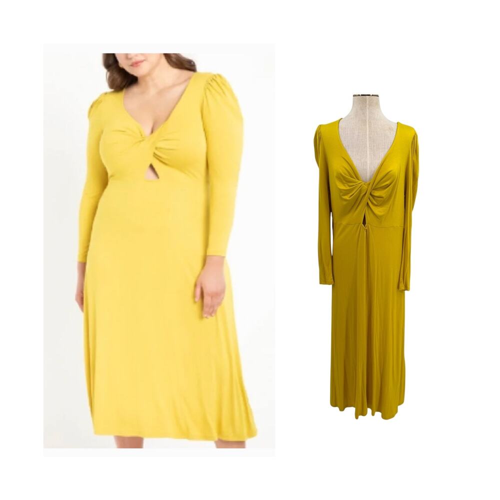 Eloquii Twist Front Cutout Midiβ Dress Mustard Yellow Long Sleeve Plus 16 NWT